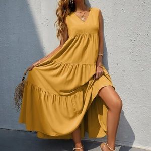 V-neck Ruffle Hem Solid Dress